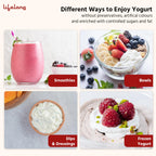 Advertisement for different ways to enjoy yogurt with a pink smoothie, bowl of yogurt with fruit, bowl of yogurt with fruit, and frozen yogurt with raspberries.