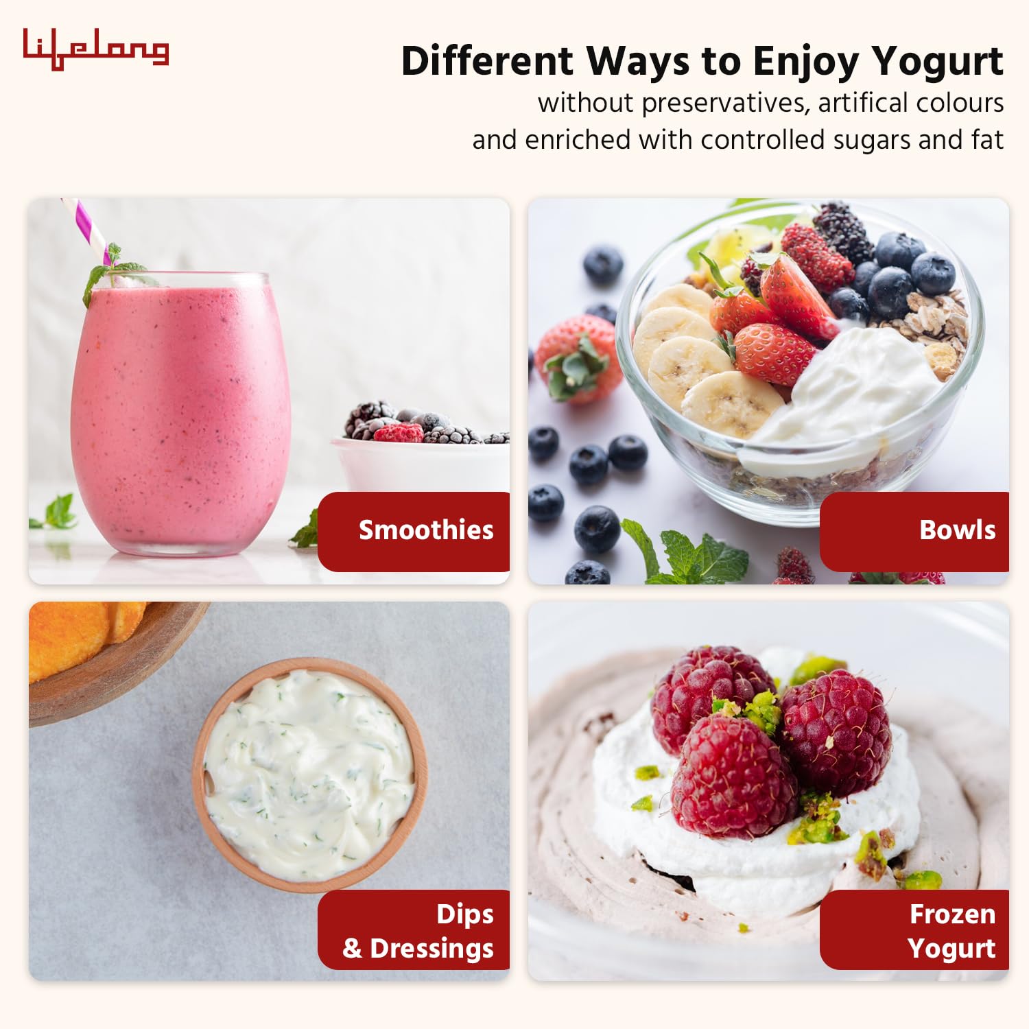 Advertisement for different ways to enjoy yogurt with a pink smoothie, bowl of yogurt with fruit, bowl of yogurt with fruit, and frozen yogurt with raspberries.