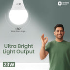 Promotional graphic for an Orient Electric LED bulb showing a glowing bulb shape, text reading 'Ultra Bright Light Output' and '180° Wide Beam Angle,' plus a smiling man in a green shirt making an 'okay' gesture. The Orient Electric logo appears in the top right, and '23W' is shown in the bottom left.