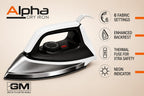 GM Alpha Dry Iron steam iron in white, black, and silver, shown with feature callout icons on a beige background.