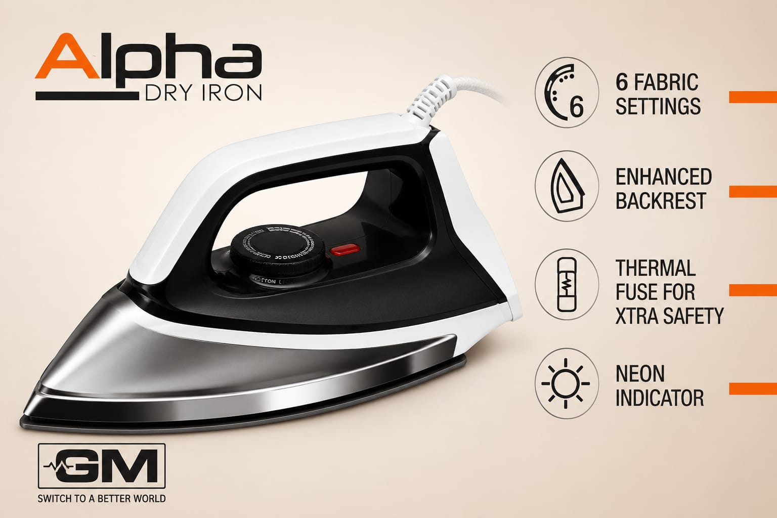 GM Alpha Dry Iron steam iron in white, black, and silver, shown with feature callout icons on a beige background.