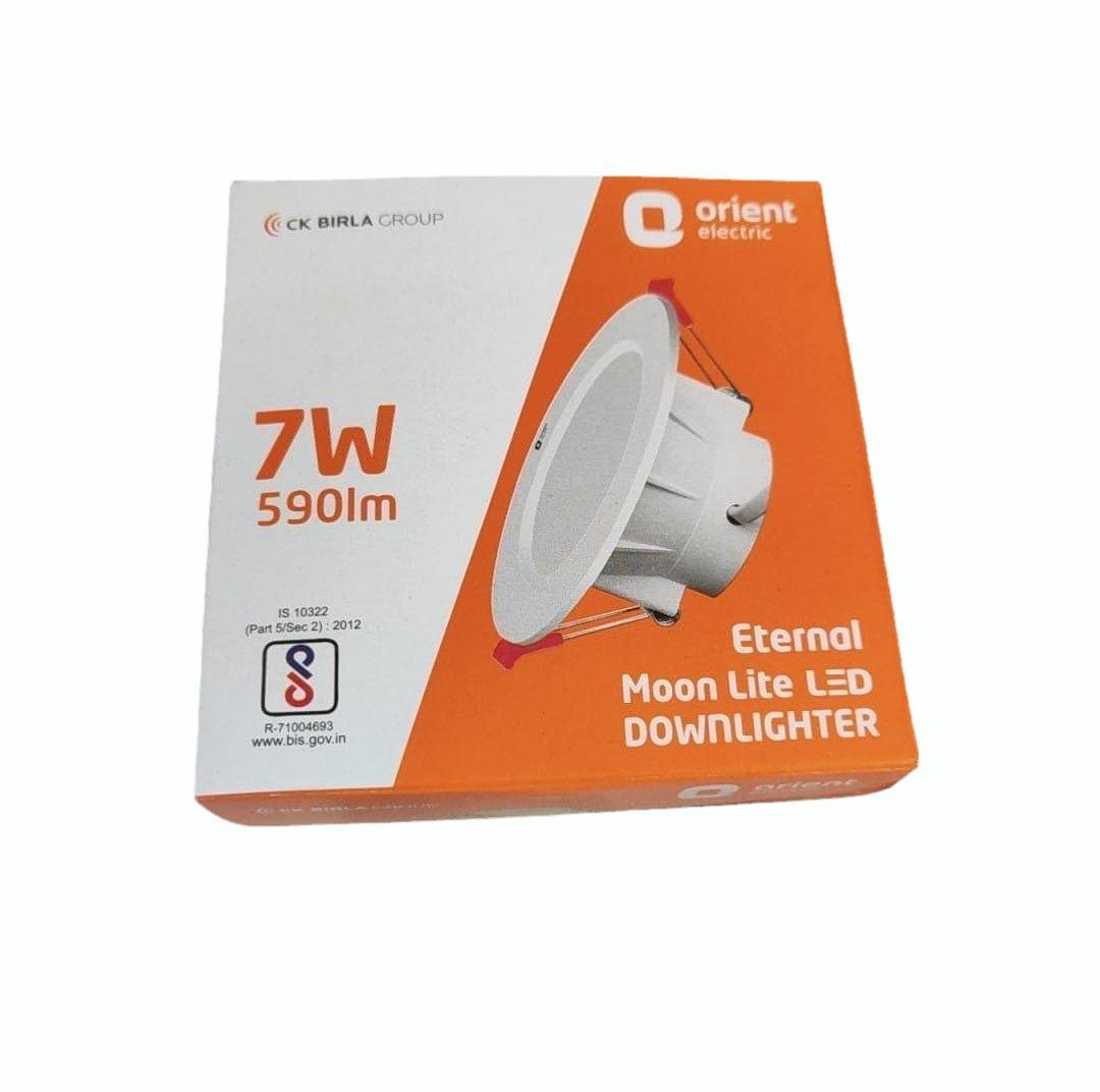 Orient Eternal Moon Lite LED Downlighter 7W 590lm retail box featuring a round recessed LED downlight in cool white, energy-efficient ceiling lighting solution for homes and offices.