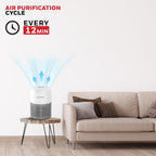 Air purifier on a side table with a sofa in the background, highlighting air purification feature.