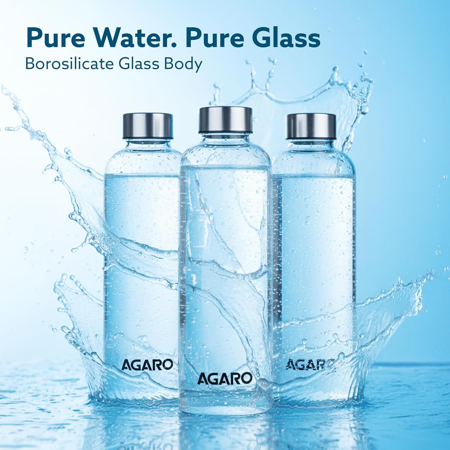 AGARO Elite Borosilicate Glass Water Bottles, Pack of 3 (1 L)