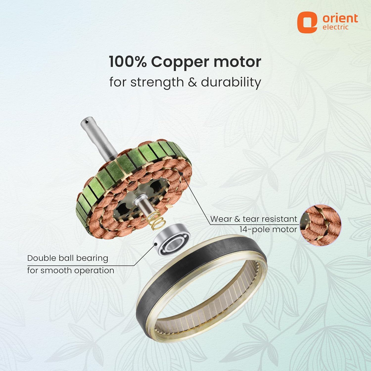 Orient Electric copper motor with labeled features on a light background