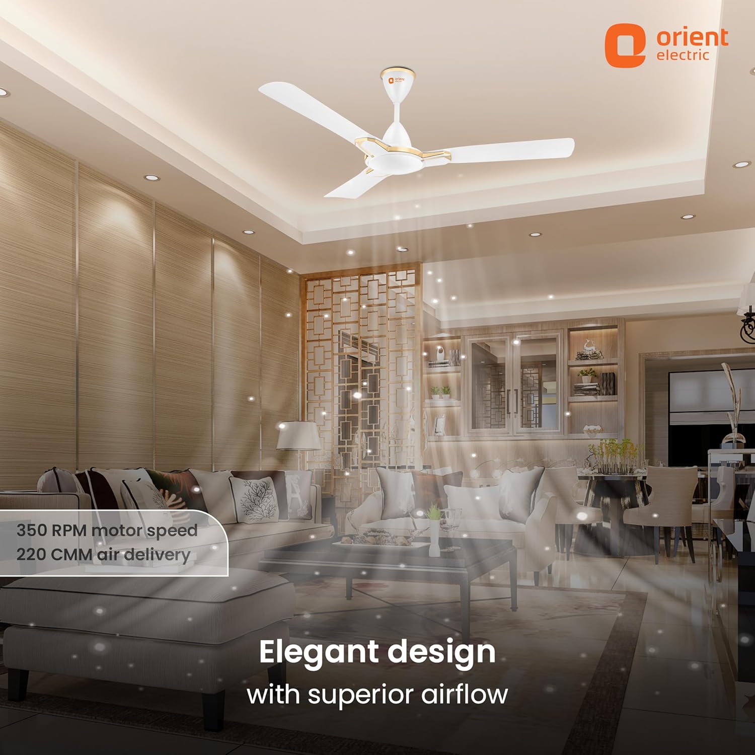 Living room with a ceiling fan and 'Orient Electric' branding