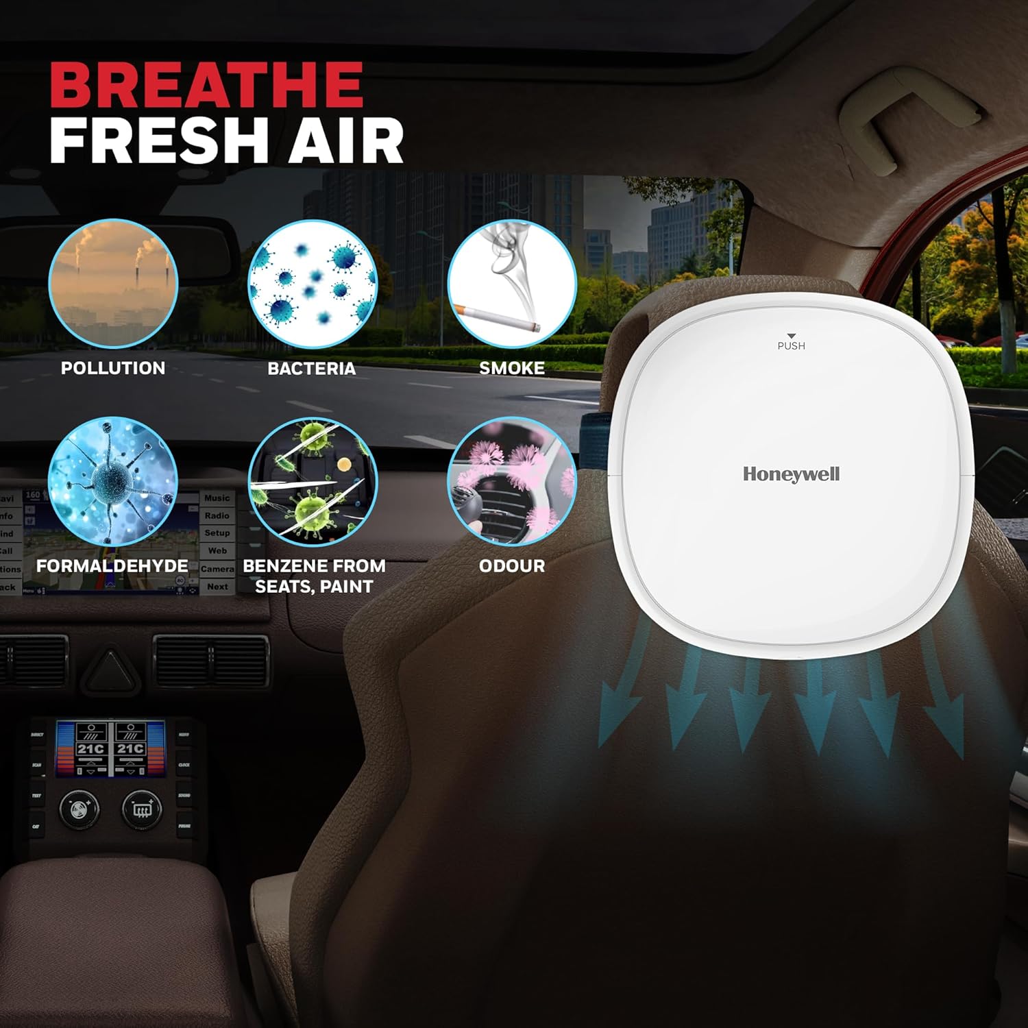 Honeywell air purifier in a car interior with air quality icons displayed.