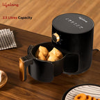Lifelong 2.5 Litre Digital Air Fryer with a sleek black finish, non-stick frying basket, adjustable temperature and timer control, ideal for preparing crispy samosas, fries, nuggets, vegetables, and other healthy low-oil snacks.