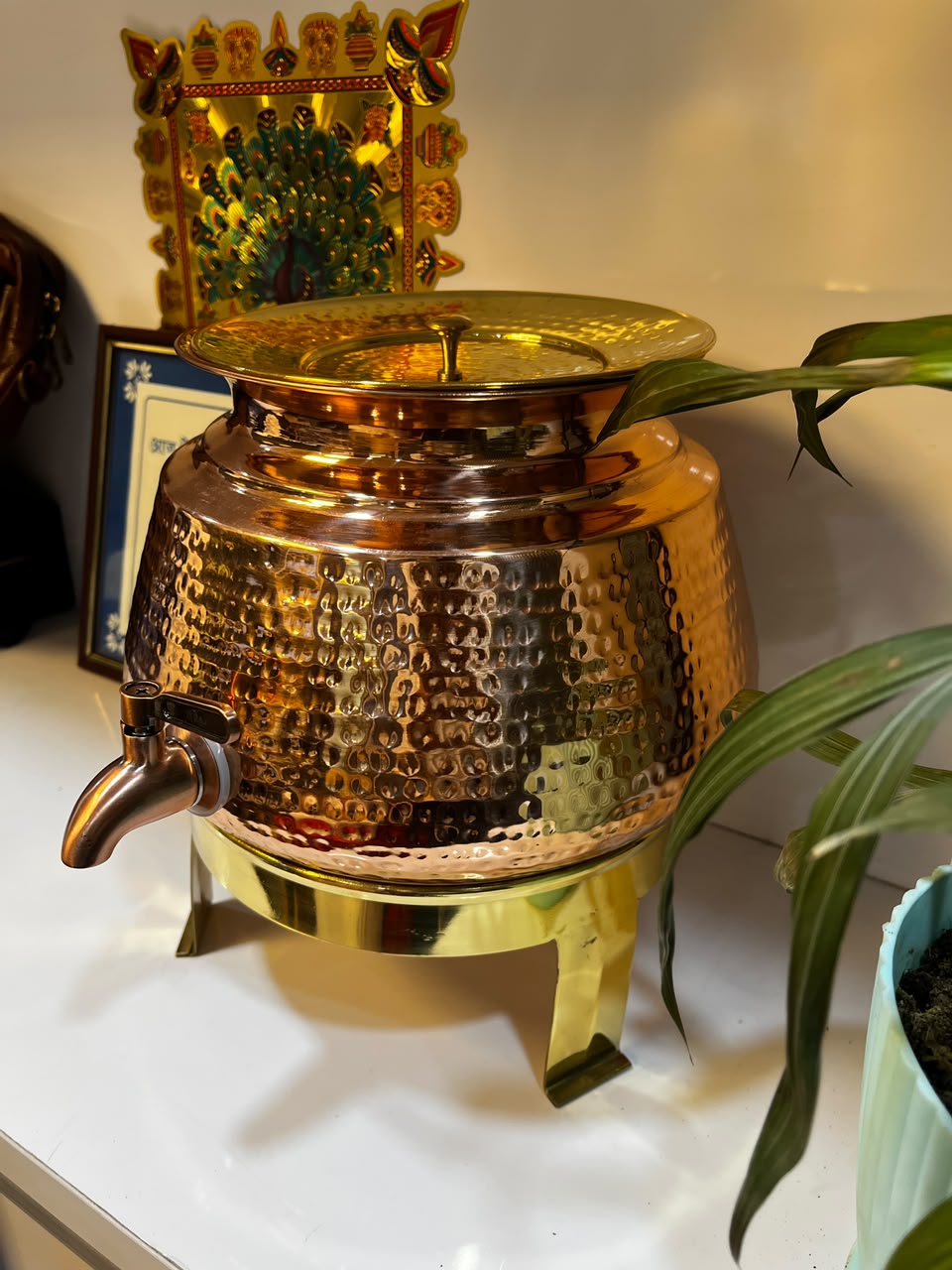 Paras Premium Hammered Copper Water Dispenser with Brass Lid & Stand, 5L