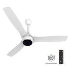 White ceiling fan with remote control on a white background