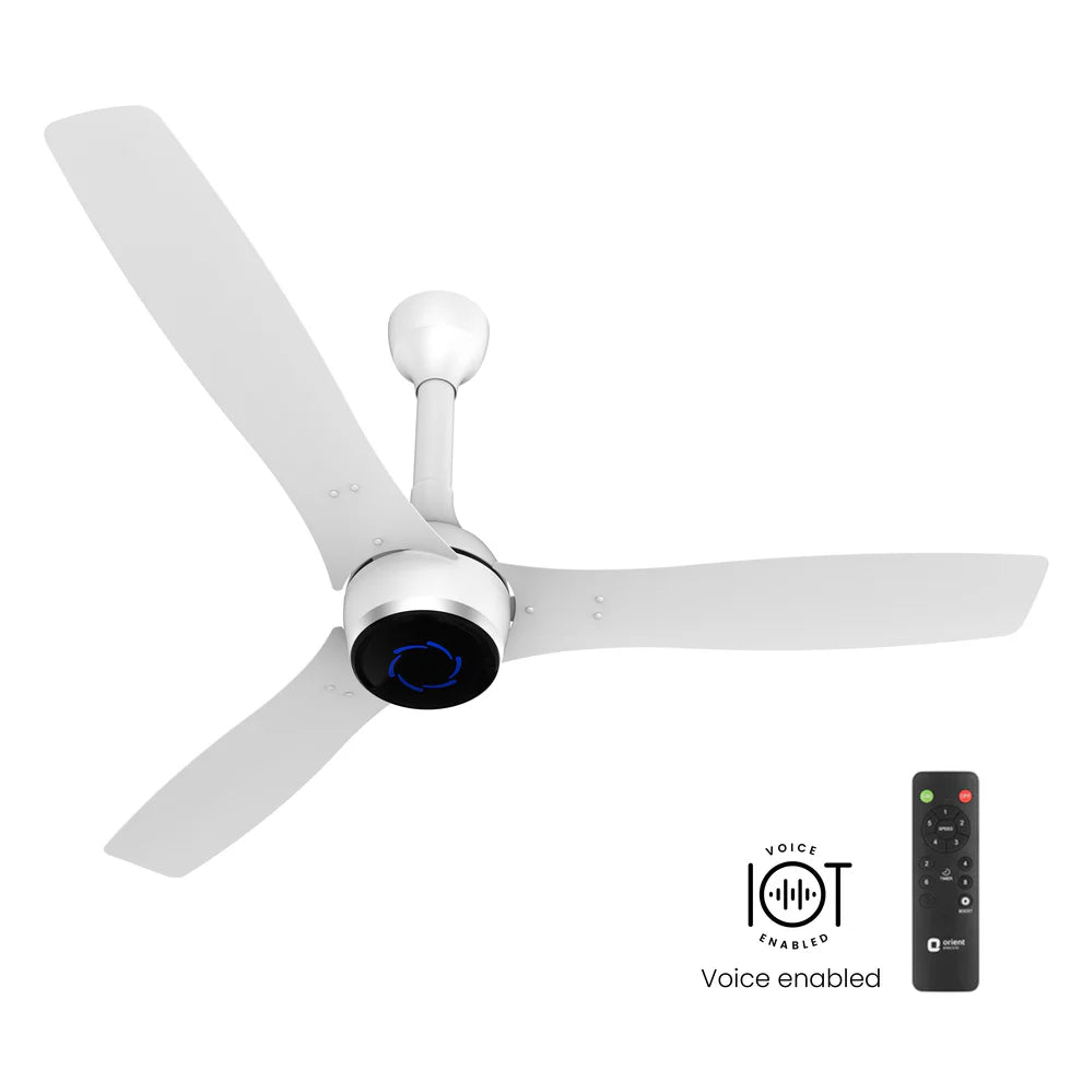 White ceiling fan with remote control on a white background