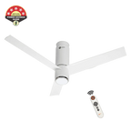 A white three-blade ceiling fan with a cylindrical motor housing, shown on a white background with a remote control and a Power Savings Guide badge. The brand name 'Orient' is visible on the motor housing.