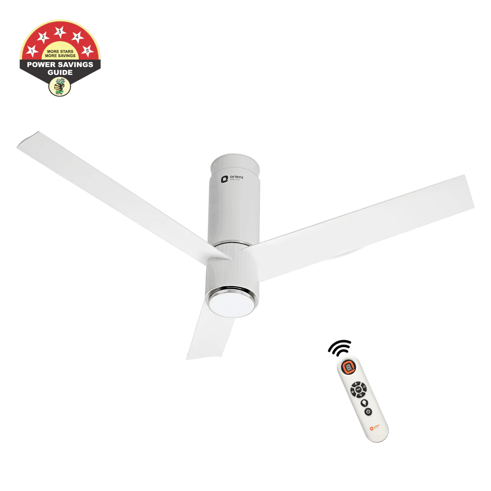 A white three-blade ceiling fan with a cylindrical motor housing, shown on a white background with a remote control and a Power Savings Guide badge. The brand name 'Orient' is visible on the motor housing.