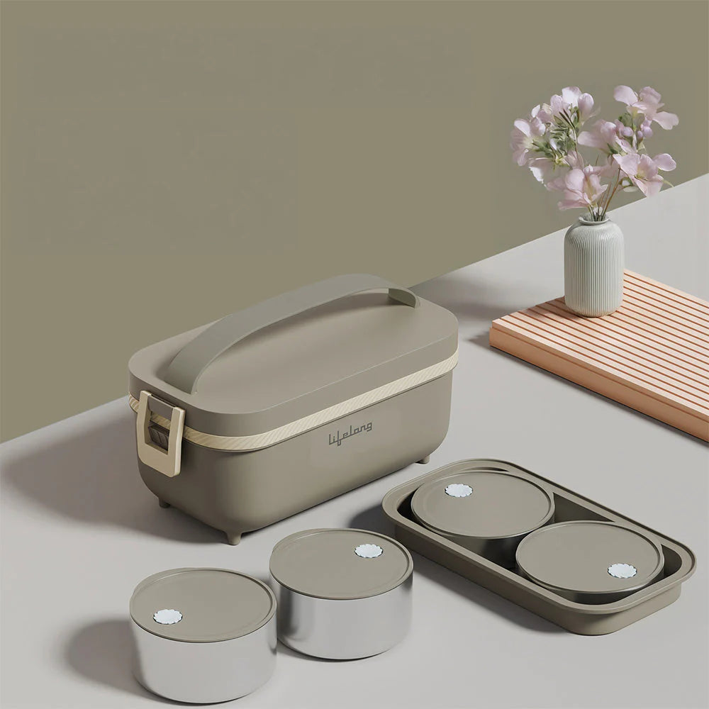 Lifelong Electric Lunch Box LLELB01 with portable heating base and four food containers (2 x 300ml + 2 x 175ml), ideal for keeping homemade meals warm, fresh, and ready to eat at the office, school, or while traveling.