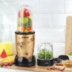 Borosil personal portable blender with a stylish floral design, blending fresh fruits and vegetables in a BPA-free blending jar. Includes a grinder attachment for spices, herbs, coffee, and dry ingredients, ideal for smoothies, shakes, juices, and everyday kitchen use.