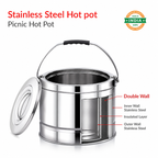 Stainless steel picnic hot pot with a lid shown open, featuring a handle, double wall construction, and callout labels pointing to inner wall stainless steel, insulated layer, outer wall stainless steel, and double wall. Text at top reads 'Stainless Steel Hot pot' and 'Picnic Hot Pot', with a 'Made in India 100%' badge in the top right.