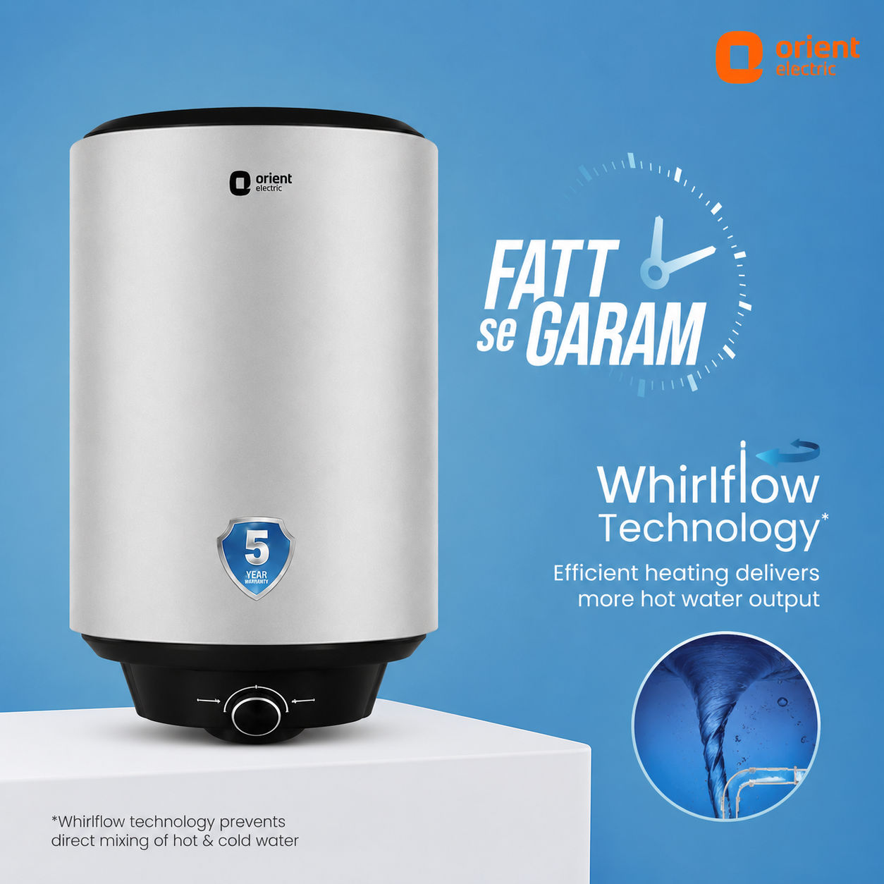 An Orient Enthusiast 5 LBO Whirlflow Technology electric water heater in brushed stainless steel, shown on a white pedestal against a blue background with promotional text and a circular inset diagram.