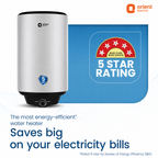 Orient Electric water heater shown next to a blue badge with a 5-star rating, with promotional text about energy efficiency and electricity bills.