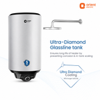 Orient Electric Ultra-Diamond Glassline tank water heater in silver with black top and bottom, shown next to a shower arm and text highlighting corrosion prevention and 5-year durability.