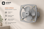 Orient Electric high-speed wall-mounted fan in a light gray finish, shown mounted on a beige wall with product feature text on the left side.