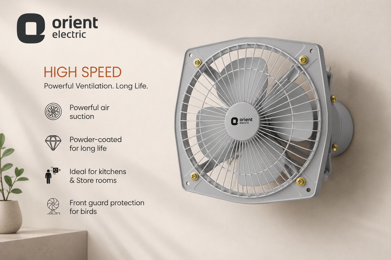 Orient Electric high-speed wall-mounted fan in a light gray finish, shown mounted on a beige wall with product feature text on the left side.