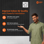 A promotional graphic for an Orient Electric indoor air quality vent. The left side features a dark grid background with orange and white text detailing the vent's features (1300 RPM motor speed, 550 CMH air delivery, 150 MM blade sweep), while the right side shows a man in a green shirt gesturing towards the text.