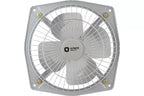 An Orient Electric wall fan with a square gray plastic housing, white blades, a white safety grille, and four gold-colored mounting screws, shown against a plain white background.