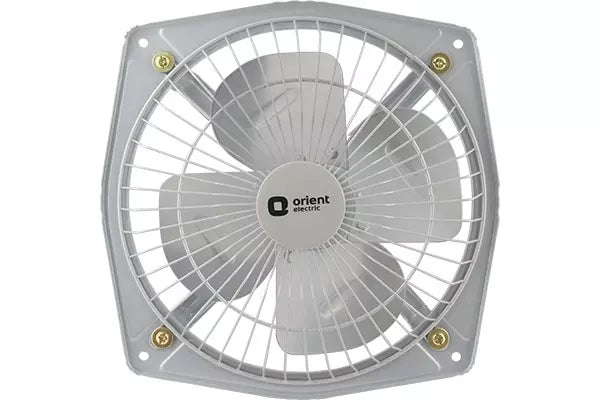 An Orient Electric wall fan with a square gray plastic housing, white blades, a white safety grille, and four gold-colored mounting screws, shown against a plain white background.