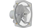 An industrial wall fan with a gray metal frame, wire safety grille, and gray fan blades, featuring a central 'orient' logo. The fan is shown at an angle against a plain white background.