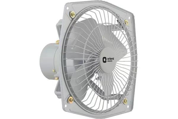 An industrial wall fan with a gray metal frame, wire safety grille, and gray fan blades, featuring a central 'orient' logo. The fan is shown at an angle against a plain white background.