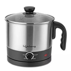 Lifelong LLMC01 Multifunction Electric Cooker/Kettle with 1.5L stainless steel body, transparent glass lid, ergonomic handle, temperature control knob, and 600W heating element for boiling milk, eggs, soup, Maggi, noodles, and quick meals.
