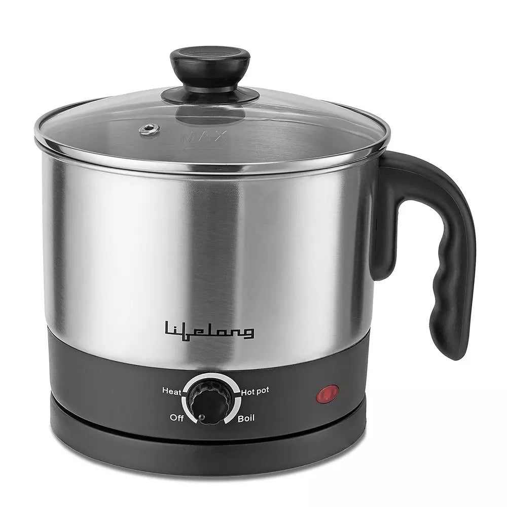 Lifelong LLMC01 Multifunction Electric Cooker/Kettle with 1.5L stainless steel body, transparent glass lid, ergonomic handle, temperature control knob, and 600W heating element for boiling milk, eggs, soup, Maggi, noodles, and quick meals.