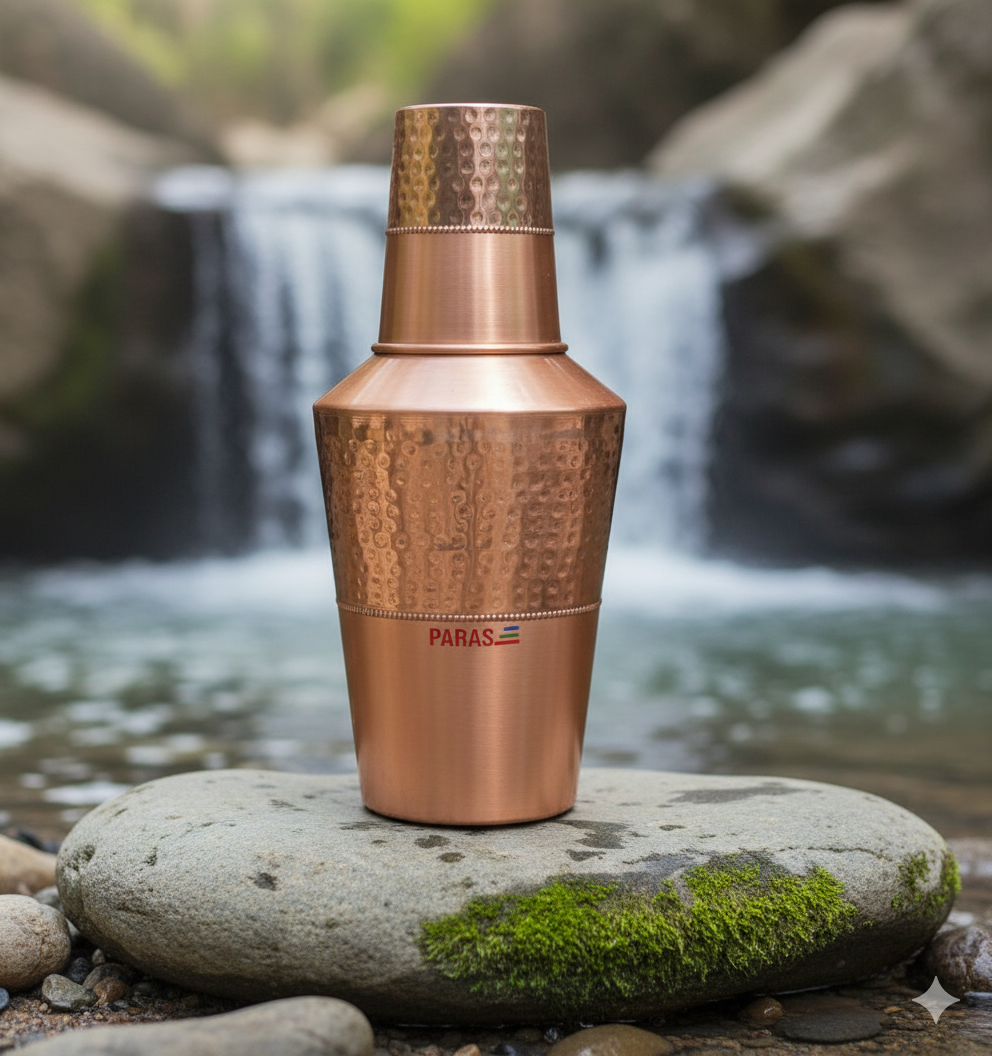 PARAS Handcrafted 32 Oz Pure Copper Bedroom Carafe Bottle With Inbuilt Glass, Surahi Design