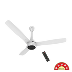 A white three-blade ceiling fan with a matching remote control, shown against a plain white background with a red 'More Stars Now Service' badge in the bottom right corner.
