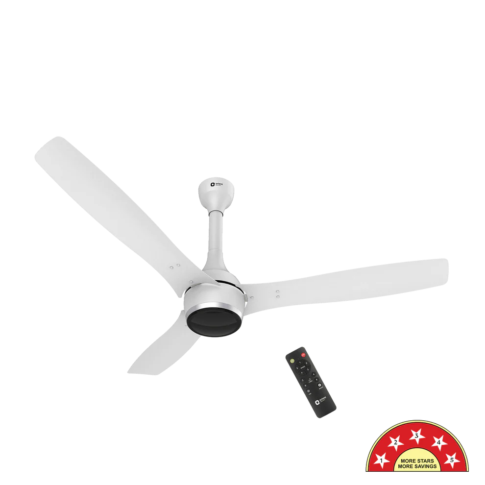 A white three-blade ceiling fan with a matching remote control, shown against a plain white background with a red 'More Stars Now Service' badge in the bottom right corner.