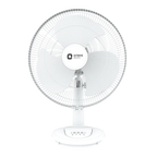 A white Orient Electric desk fan with a circular wire safety grille, three white blades, a central brand logo, and a matching white plastic stand on a plain white background.
