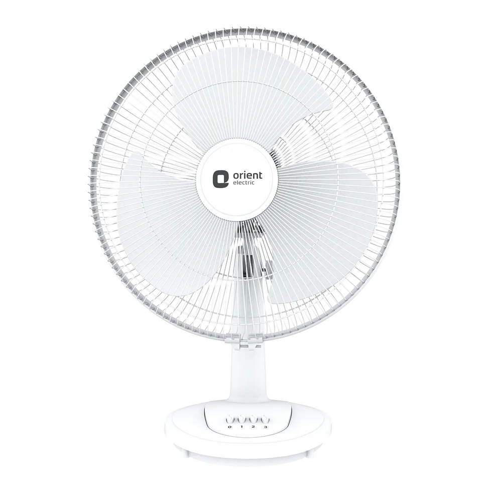 A white Orient Electric desk fan with a circular wire safety grille, three white blades, a central brand logo, and a matching white plastic stand on a plain white background.