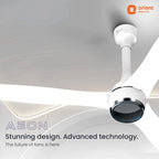 Ceiling fan with 'Orient Electric' branding and text about design and technology.