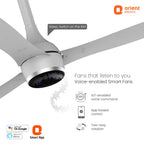 Orient Electric smart ceiling fan with white blades and a silver hub, shown on a white background with feature callouts for voice-enabled control via Alexa and Google Assistant.