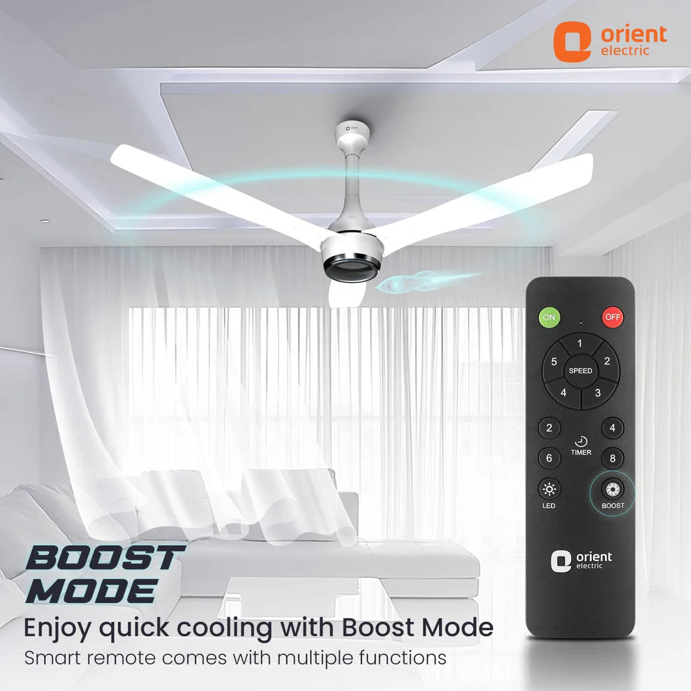 Ceiling fan with remote control in a room setting, featuring Orient Electric branding.