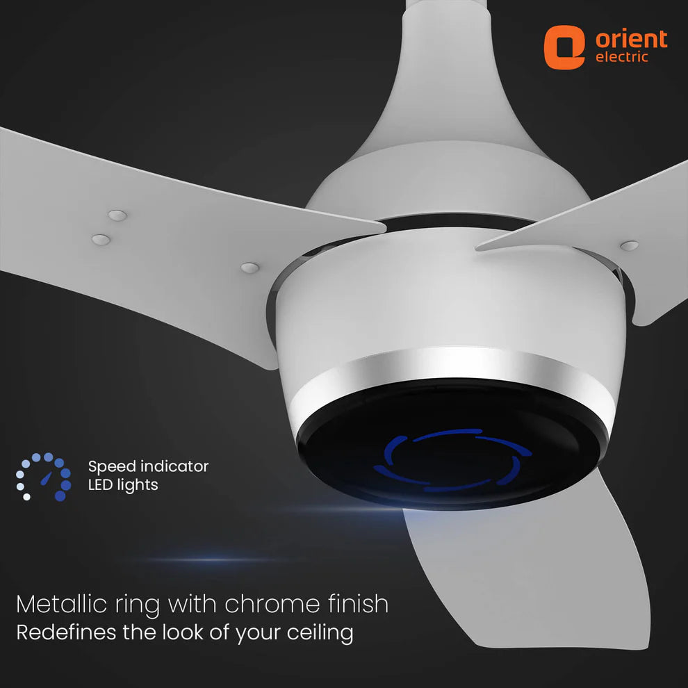 Ceiling fan with metallic ring and chrome finish, featuring Orient Electric logo.