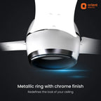 Metallic ring with chrome finish on a dark background, featuring Orient Electric logo.