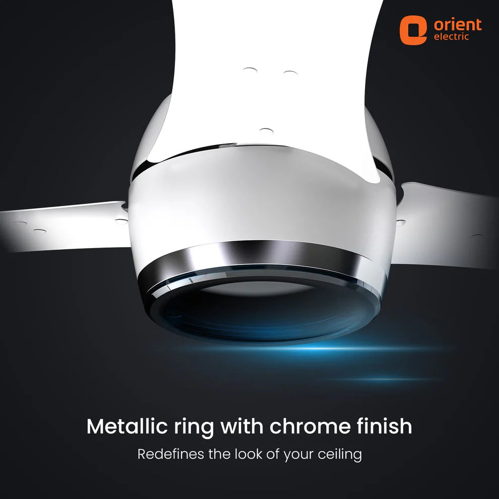 Metallic ring with chrome finish on a dark background, featuring Orient Electric logo.
