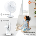 Orient Electric fan with a child playing in a room, highlighting features like 90-degree oscillation and up & down tilt.