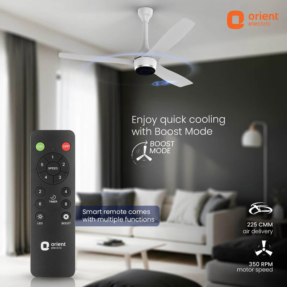 Orient Electric ceiling fan with remote control in a living room setting