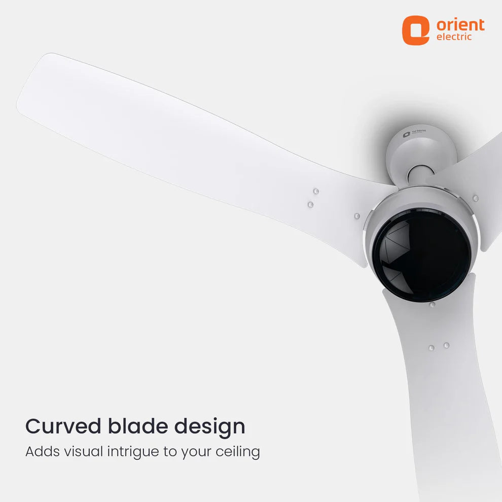 Ceiling fan with curved blades and Orient Electric logo on a white background