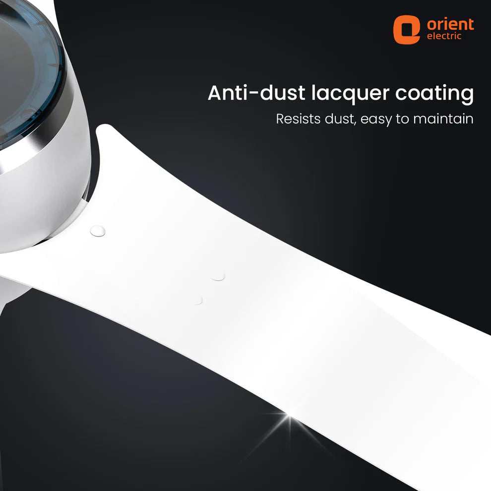 Orient Electric product with anti-dust lacquer coating feature on a black and white background
