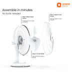 White Orient Electric desk fan shown with assembly callouts and text, including steps to attach the back guard, front guard, and fix the blade.