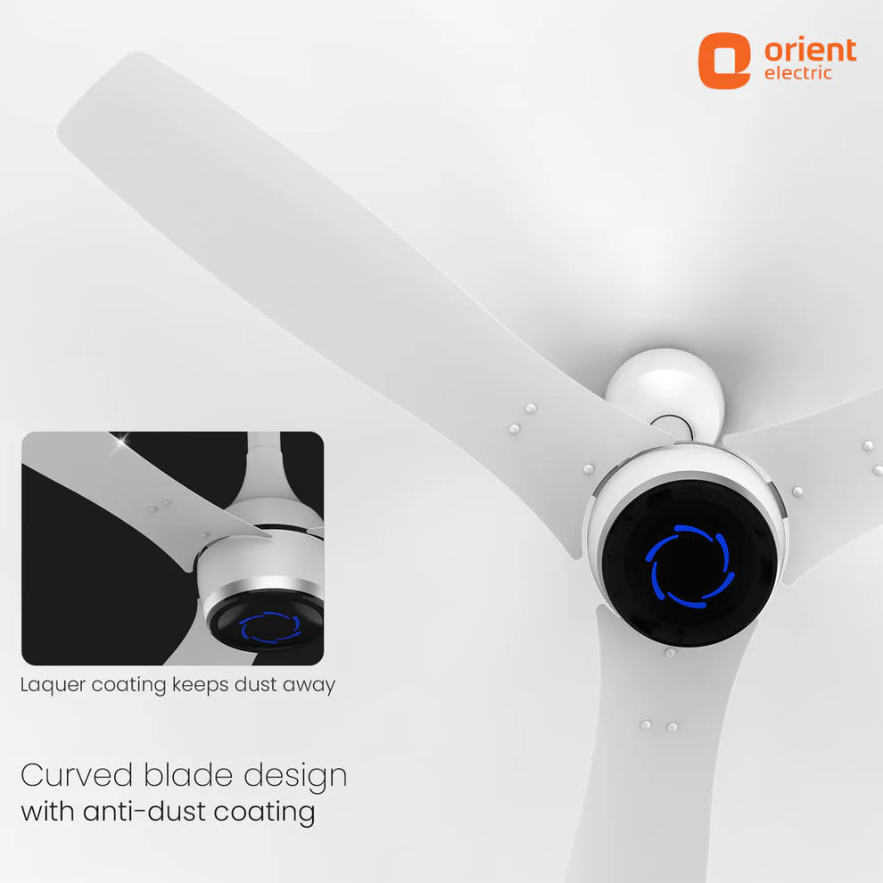 Ceiling fan with curved blades and anti-dust coating feature, Orient Electric logo visible