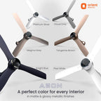 Orient Electric Aeon ceiling fans in various colors on a white background